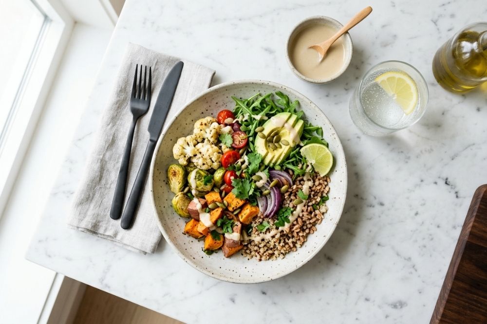 Overhead view of a colorful plant-based grain bowl with roasted vegetables, avocado, greens, cherry tomatoes, and seeds on a marble table.